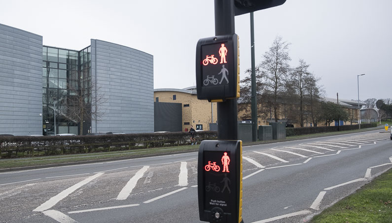 Toucan crossing showing a red (wait) bike and pedestrian light
